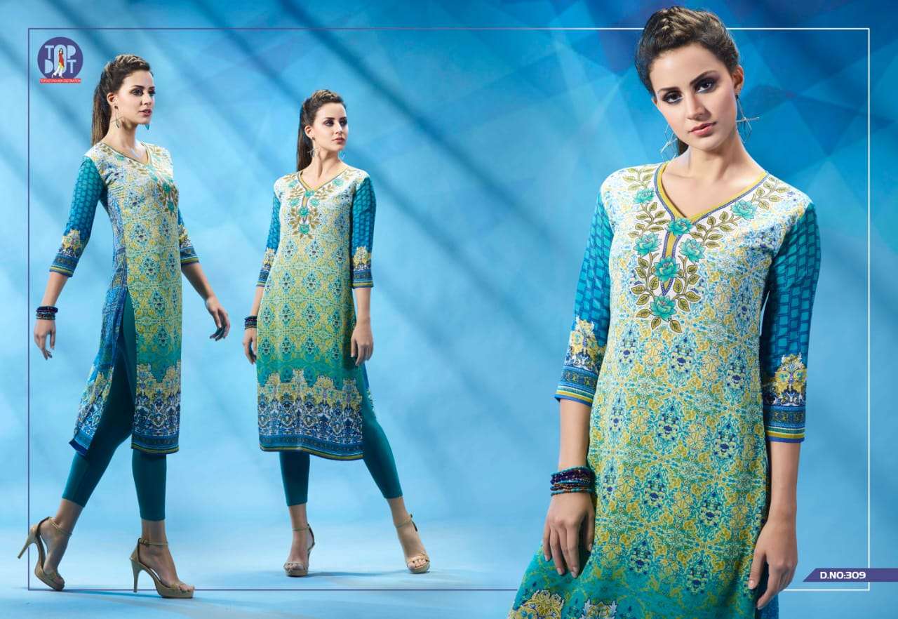 MOTIF VOL-6 BY TOP DOT 301 TO 310 SERIES BEAUTIFUL COLORFUL STYLISH FANCY CASUAL WEAR & ETHNIC WEAR & READY TO WEAR PURE FRENCH CREPE PRINTED KURTIS AT WHOLESALE PRICE