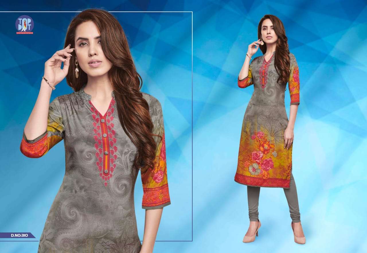 MOTIF VOL-6 BY TOP DOT 301 TO 310 SERIES BEAUTIFUL COLORFUL STYLISH FANCY CASUAL WEAR & ETHNIC WEAR & READY TO WEAR PURE FRENCH CREPE PRINTED KURTIS AT WHOLESALE PRICE