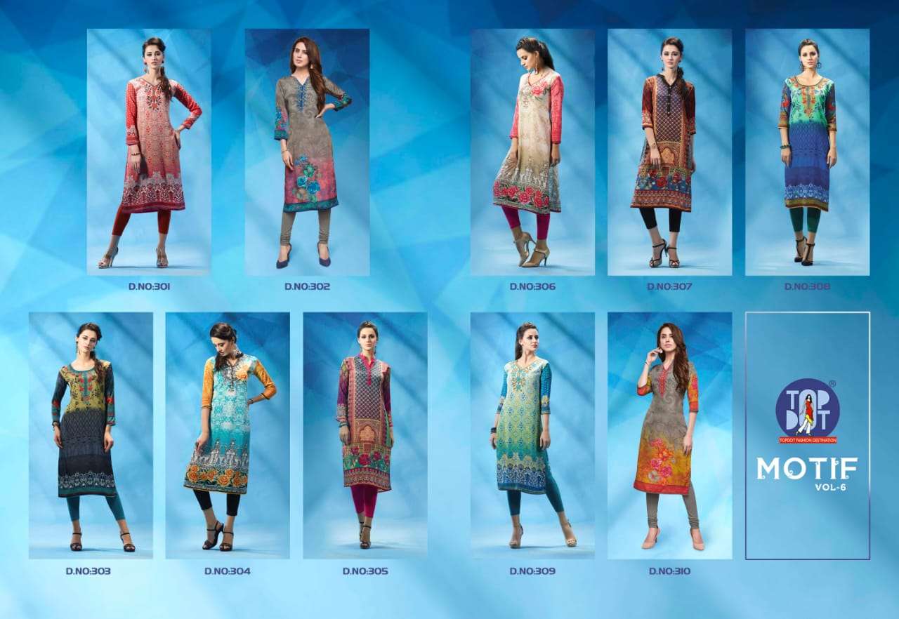 MOTIF VOL-6 BY TOP DOT 301 TO 310 SERIES BEAUTIFUL COLORFUL STYLISH FANCY CASUAL WEAR & ETHNIC WEAR & READY TO WEAR PURE FRENCH CREPE PRINTED KURTIS AT WHOLESALE PRICE