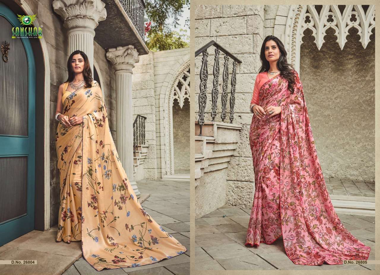 SHRUSHTI BY SASNKAR TEX PRINT 26801 TO 26812 SERIES INDIAN TRADITIONAL WEAR COLLECTION BEAUTIFUL STYLISH FANCY COLORFUL PARTY WEAR & OCCASIONAL WEAR SATIN PRINTED SAREES AT WHOLESALE PRICE