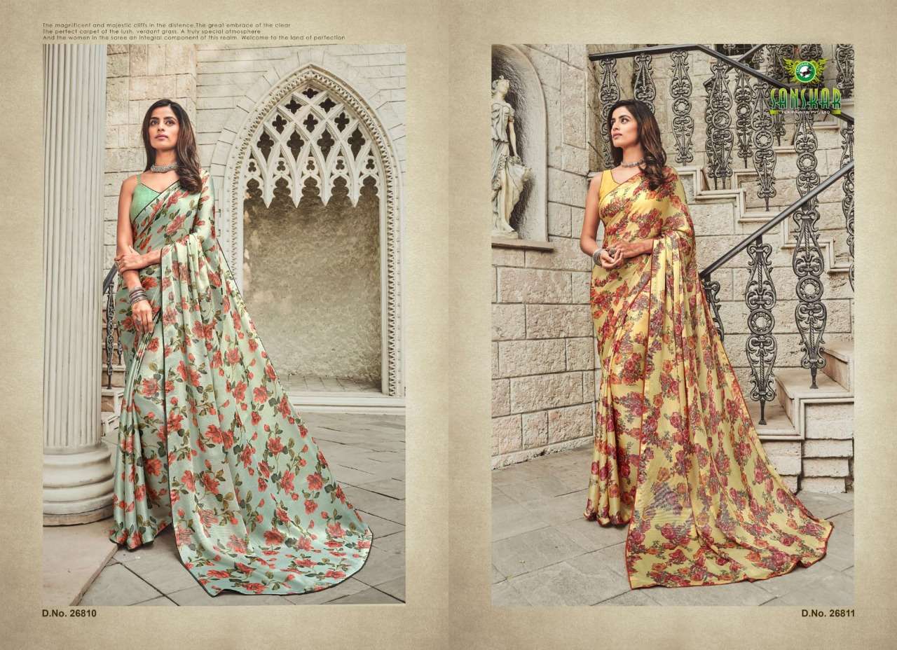 SHRUSHTI BY SASNKAR TEX PRINT 26801 TO 26812 SERIES INDIAN TRADITIONAL WEAR COLLECTION BEAUTIFUL STYLISH FANCY COLORFUL PARTY WEAR & OCCASIONAL WEAR SATIN PRINTED SAREES AT WHOLESALE PRICE