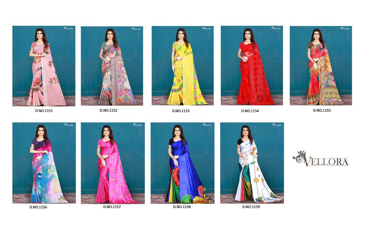 VELLORA SAREES VOL-5 BY VELLORA 1151 TO 1159 SERIES INDIAN TRADITIONAL WEAR COLLECTION BEAUTIFUL STYLISH FANCY COLORFUL PARTY WEAR & OCCASIONAL WEAR KHADI SILK/COTTON/NET SAREES AT WHOLESALE PRICE