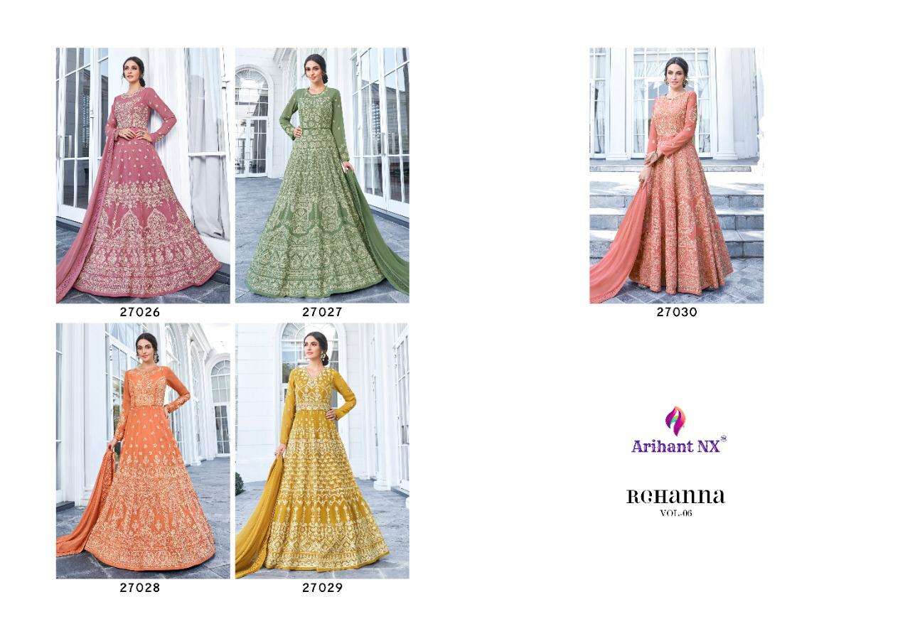 REHANNA VOL-6 BY ARIHANT NX 27026 TO 27030 SERIES DESIGNER ANARKALI SUITS COLLECTION BEAUTIFUL STYLISH FANCY COLORFUL PARTY WEAR & OCCASIONAL WEAR APPLE GEORGETTE EMBROIDERED DRESSES AT WHOLESALE PRICE