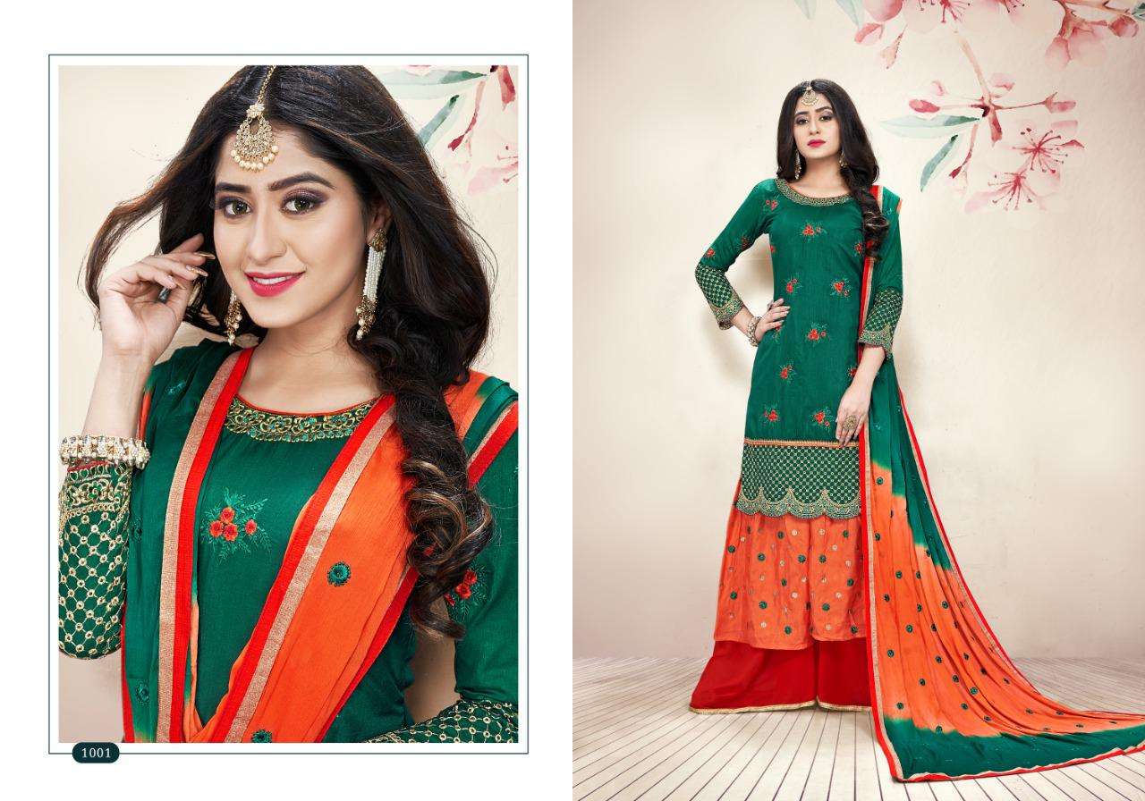 ORCHID BY RIGHT CHOICE 1001 TO 1005 SERIES DESIGNER SHARARA SUITS COLLECTION BEAUTIFUL STYLISH COLORFUL FANCY PARTY WEAR & OCCASIONAL WEAR DOLLA SILK WITH EMBROIDERY DRESSES AT WHOLESALE PRICE