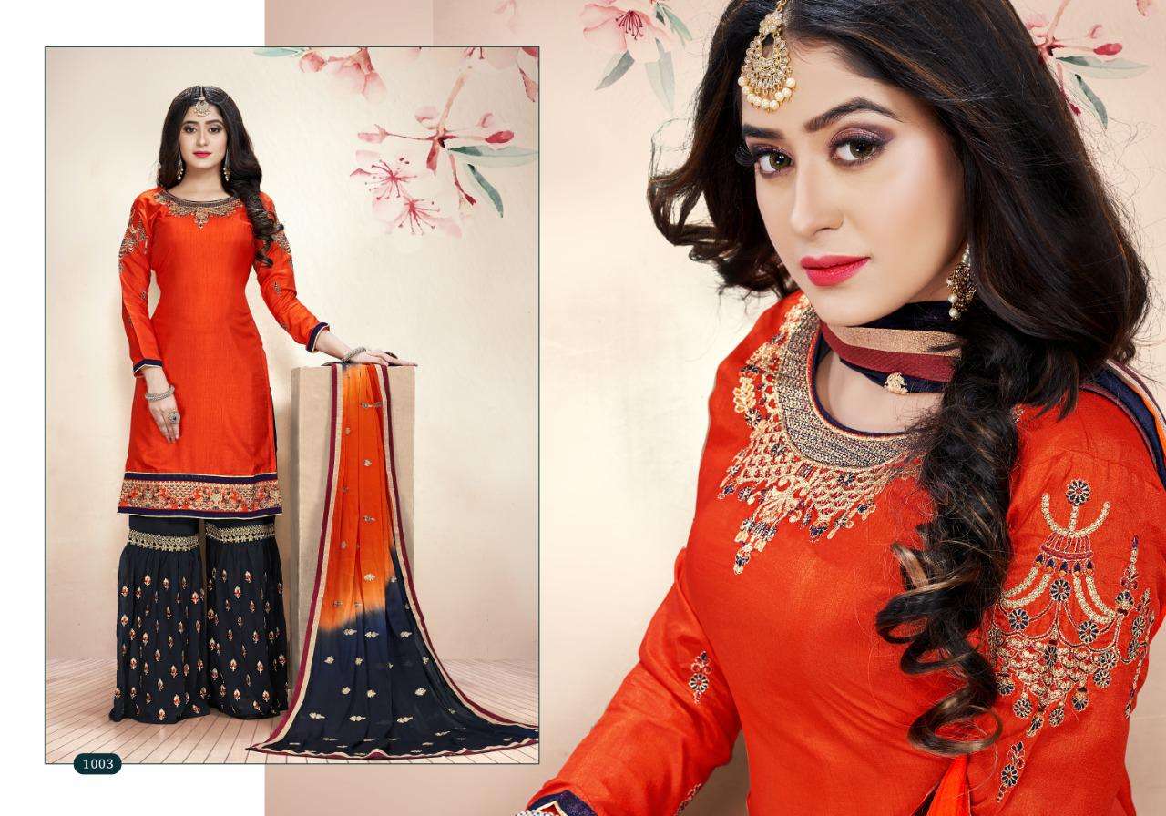 ORCHID BY RIGHT CHOICE 1001 TO 1005 SERIES DESIGNER SHARARA SUITS COLLECTION BEAUTIFUL STYLISH COLORFUL FANCY PARTY WEAR & OCCASIONAL WEAR DOLLA SILK WITH EMBROIDERY DRESSES AT WHOLESALE PRICE