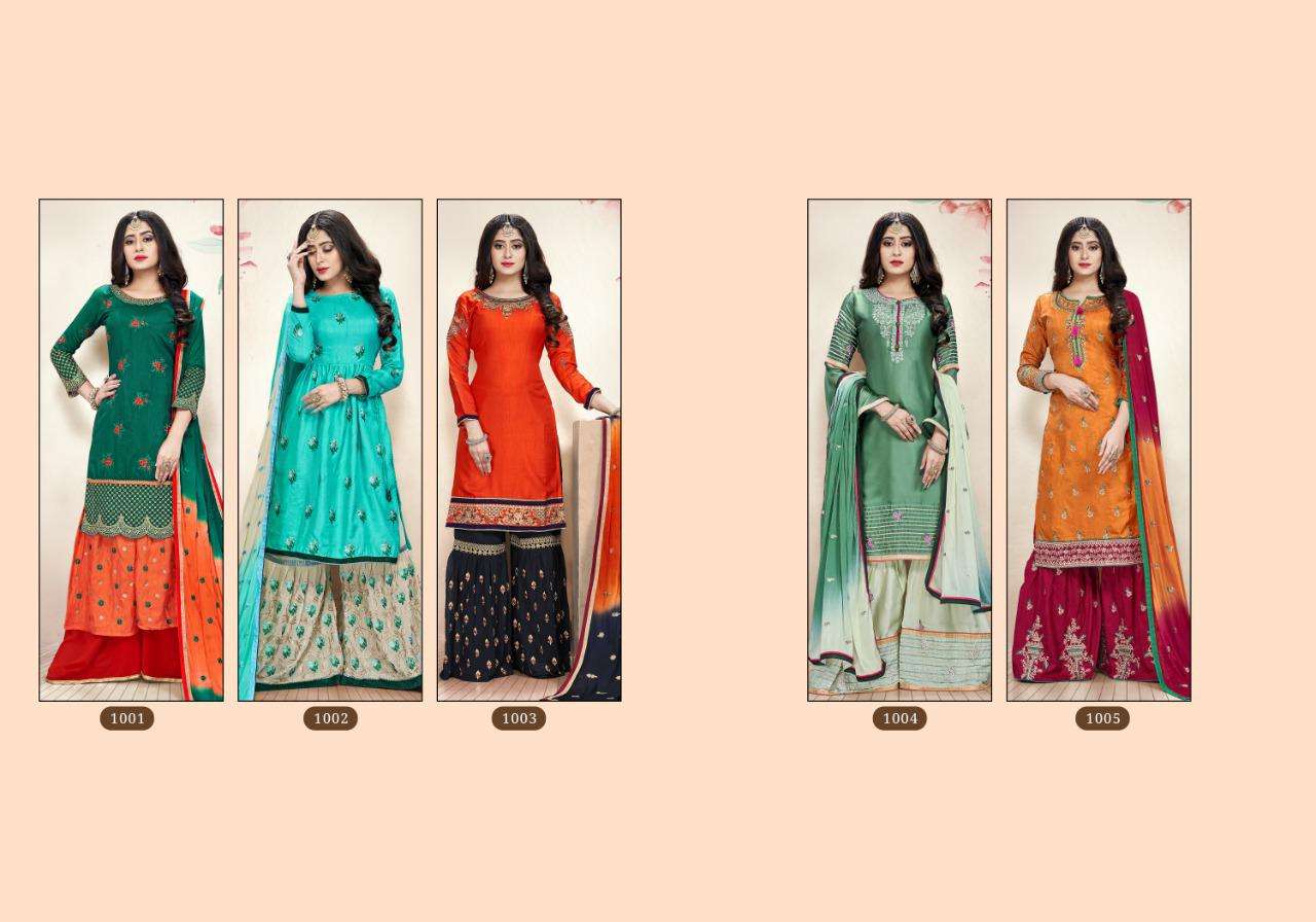 ORCHID BY RIGHT CHOICE 1001 TO 1005 SERIES DESIGNER SHARARA SUITS COLLECTION BEAUTIFUL STYLISH COLORFUL FANCY PARTY WEAR & OCCASIONAL WEAR DOLLA SILK WITH EMBROIDERY DRESSES AT WHOLESALE PRICE