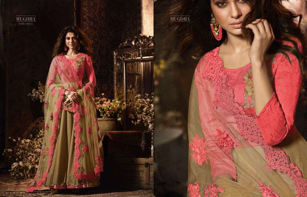 Premium Vol-2 11023 Colours By Mugdha Designer Anarkali Suits Festive Collection Beautiful Stylish Fancy Party Wear & Occasional Wear Lycra & Two Tone Embroidered Dresses At Wholesale Price