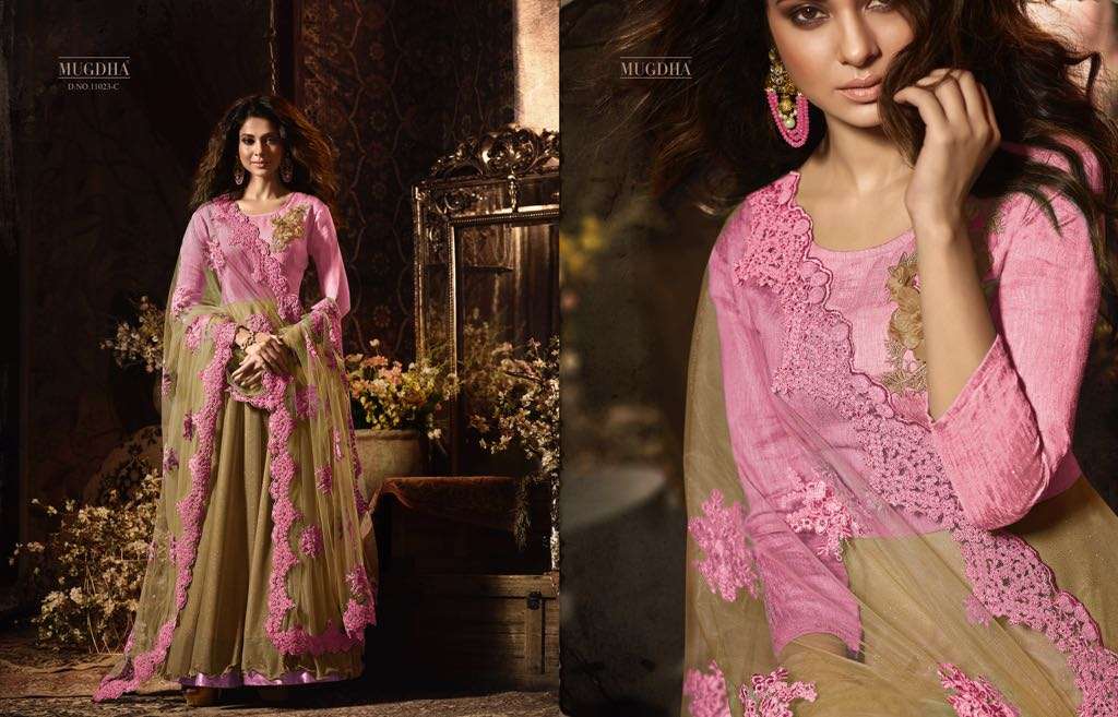 Premium Vol-2 11023 Colours By Mugdha Designer Anarkali Suits Festive Collection Beautiful Stylish Fancy Party Wear & Occasional Wear Lycra & Two Tone Embroidered Dresses At Wholesale Price