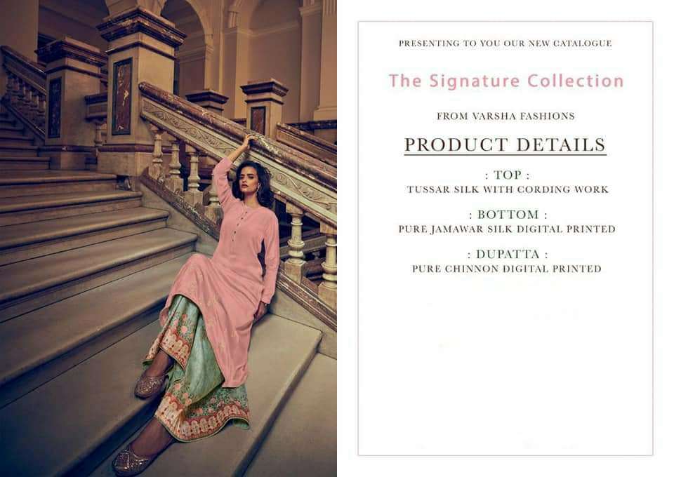 THE SIGNATURE COLLECTION BY VARSHA 21 TO 27 SERIES DESIGNER SHARARA SUITS COLLECTION BEAUTIFUL STYLISH COLORFUL FANCY PARTY WEAR & OCCASIONAL WEAR TUSSAR SILK WITH CODING WORK DRESSES AT WHOLESALE PRICE