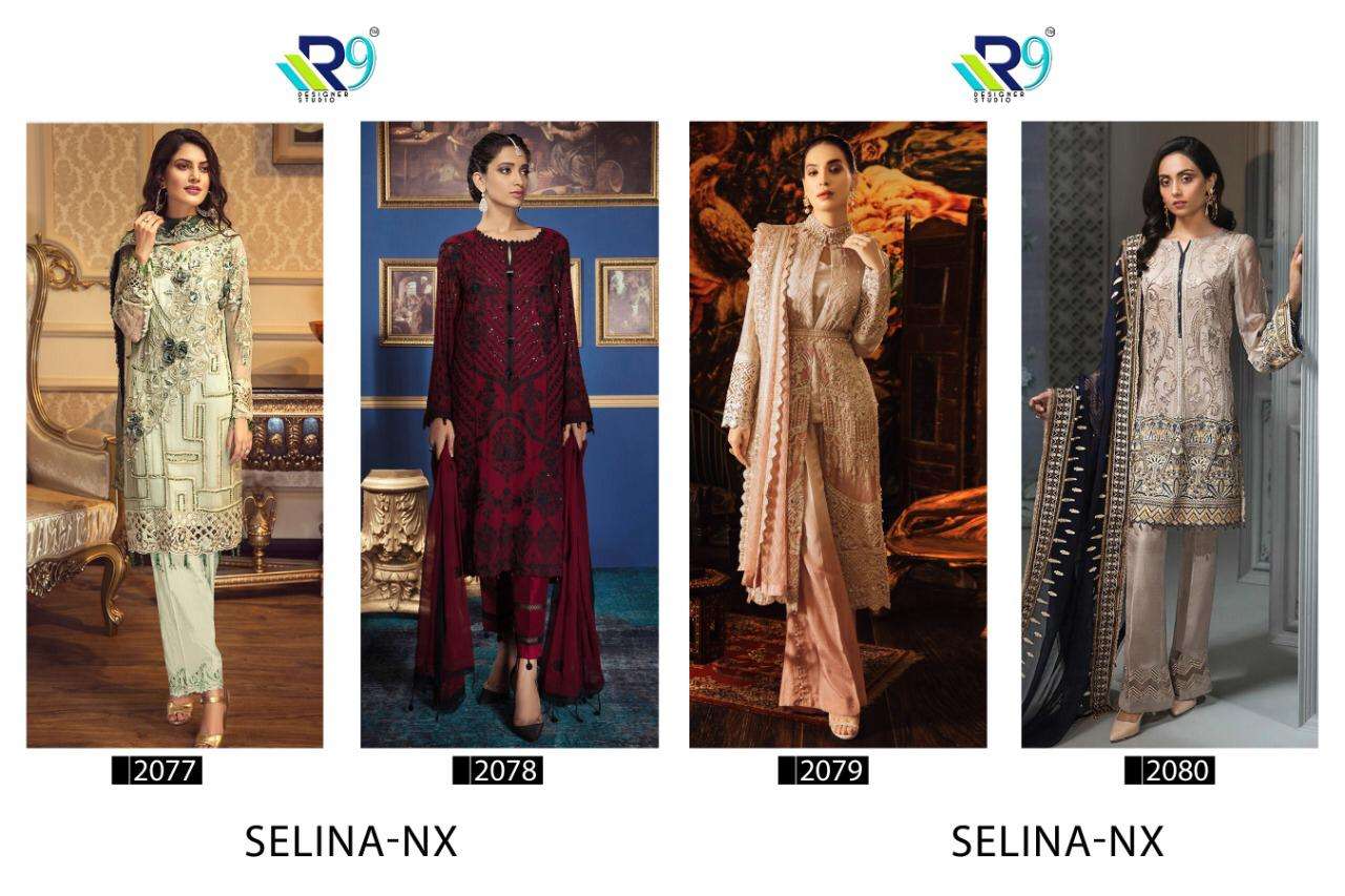 SELINA NX BY R9 2077 TO 2080 SERIES DESIGNER PAKISTANI SUITS BEAUTIFUL STYLISH FANCY COLORFUL PARTY WEAR & OCCASIONAL WEAR FAUX HEAVY GEORGETTE WITH EMBROIDERY DRESSES AT WHOLESALE PRICE