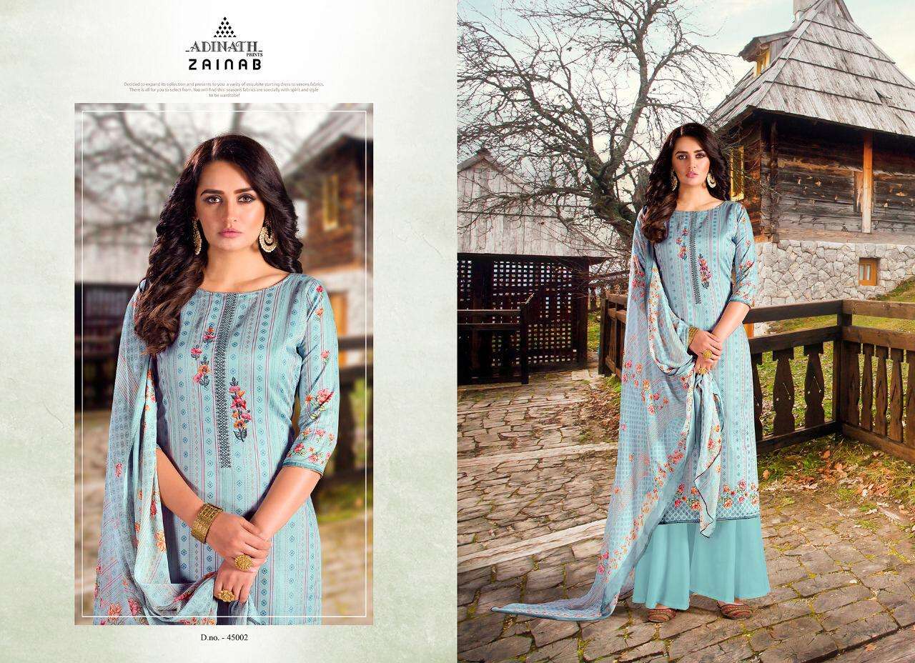 ZAINAB BY ADINATH PRINTS 45001 TO 45006 SERIES DESIGNER SHARARA SUITS COLLECTION BEAUTIFUL STYLISH COLORFUL FANCY PARTY WEAR & OCCASIONAL WEAR HEAVY JAM COTTON DIGITAL PRINTED WITH EMBROIDERY DRESSES AT WHOLESALE PRICE