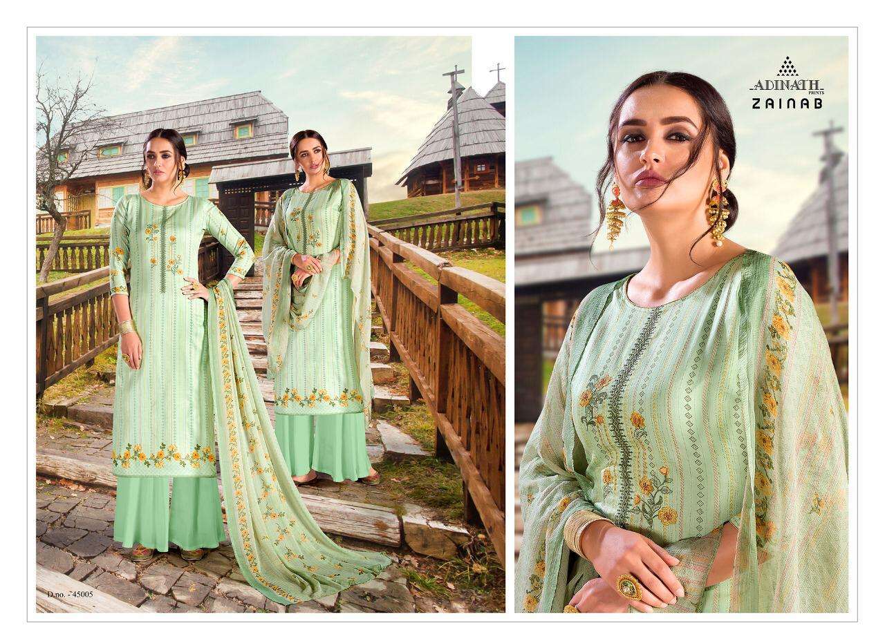 ZAINAB BY ADINATH PRINTS 45001 TO 45006 SERIES DESIGNER SHARARA SUITS COLLECTION BEAUTIFUL STYLISH COLORFUL FANCY PARTY WEAR & OCCASIONAL WEAR HEAVY JAM COTTON DIGITAL PRINTED WITH EMBROIDERY DRESSES AT WHOLESALE PRICE