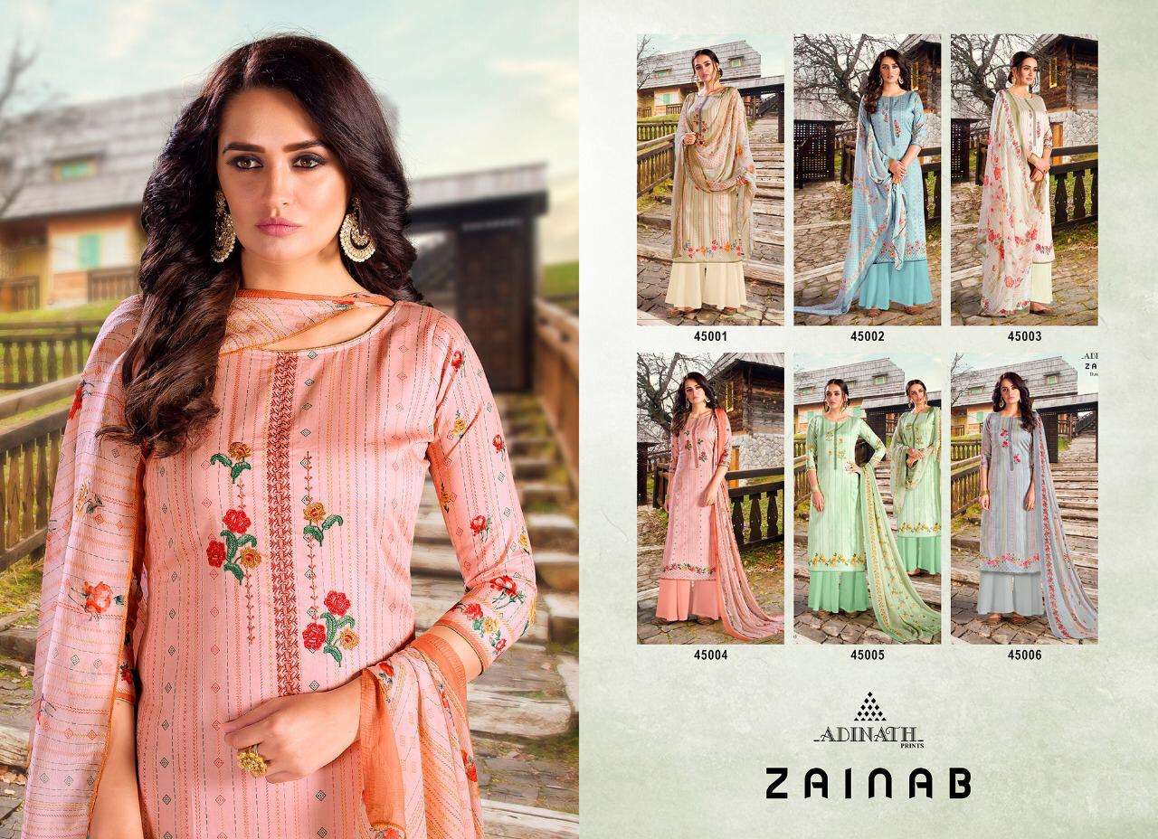 ZAINAB BY ADINATH PRINTS 45001 TO 45006 SERIES DESIGNER SHARARA SUITS COLLECTION BEAUTIFUL STYLISH COLORFUL FANCY PARTY WEAR & OCCASIONAL WEAR HEAVY JAM COTTON DIGITAL PRINTED WITH EMBROIDERY DRESSES AT WHOLESALE PRICE