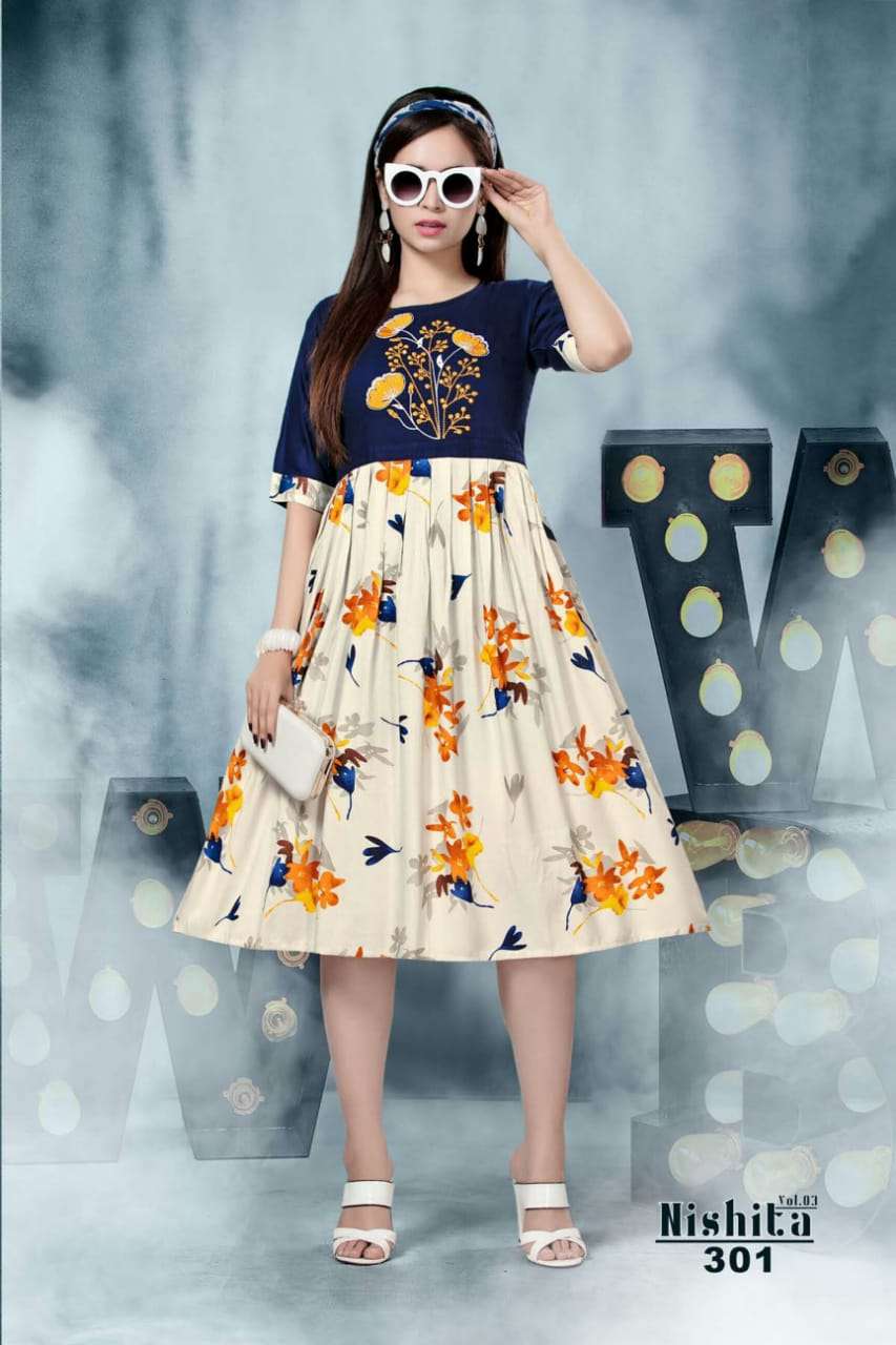 NISHITA VOL-3 BY KS4U 301 TO 306 SERIES BEAUTIFUL COLORFUL STYLISH FANCY CASUAL WEAR & ETHNIC WEAR & READY TO WEAR RAYON PRINTED KURTIS AT WHOLESALE PRICE