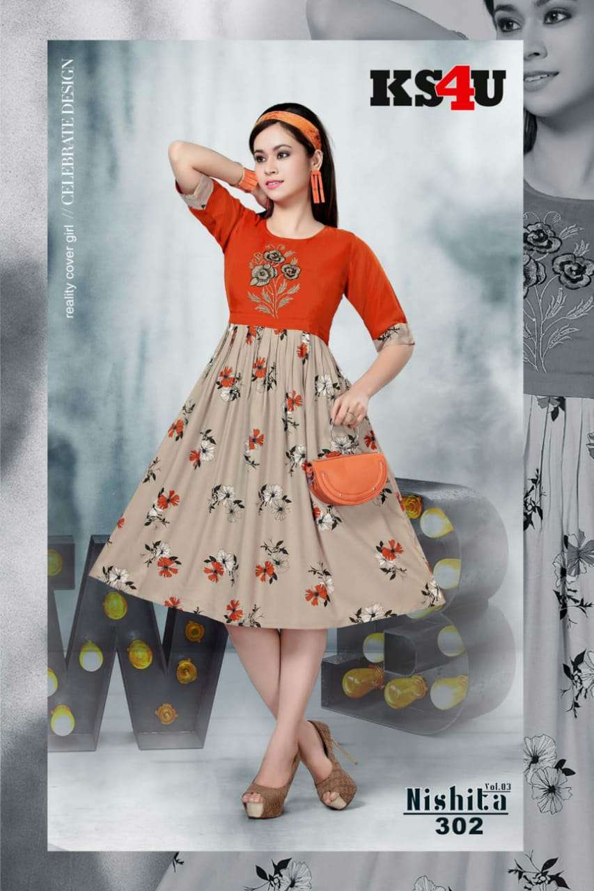 NISHITA VOL-3 BY KS4U 301 TO 306 SERIES BEAUTIFUL COLORFUL STYLISH FANCY CASUAL WEAR & ETHNIC WEAR & READY TO WEAR RAYON PRINTED KURTIS AT WHOLESALE PRICE