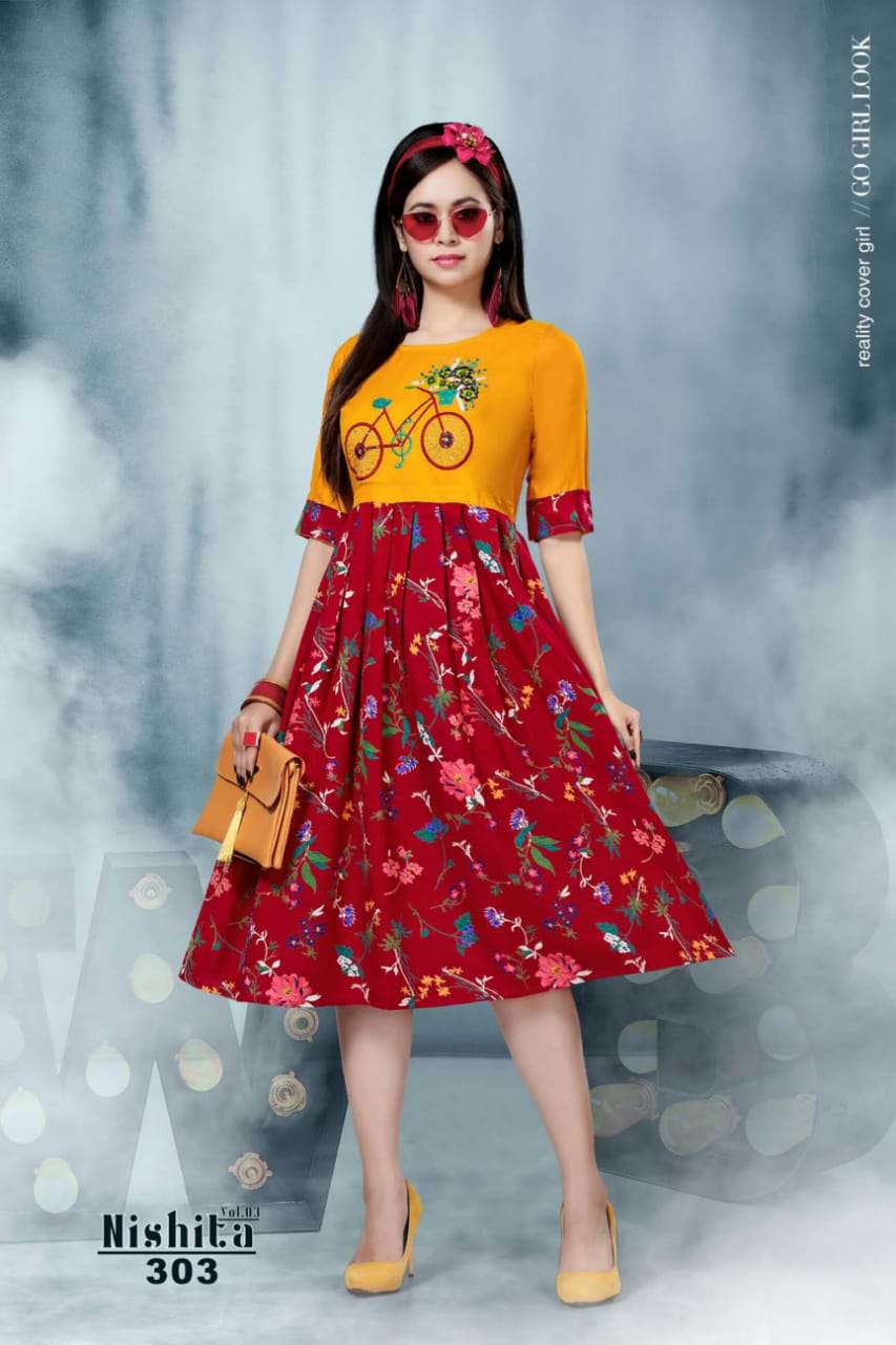 NISHITA VOL-3 BY KS4U 301 TO 306 SERIES BEAUTIFUL COLORFUL STYLISH FANCY CASUAL WEAR & ETHNIC WEAR & READY TO WEAR RAYON PRINTED KURTIS AT WHOLESALE PRICE