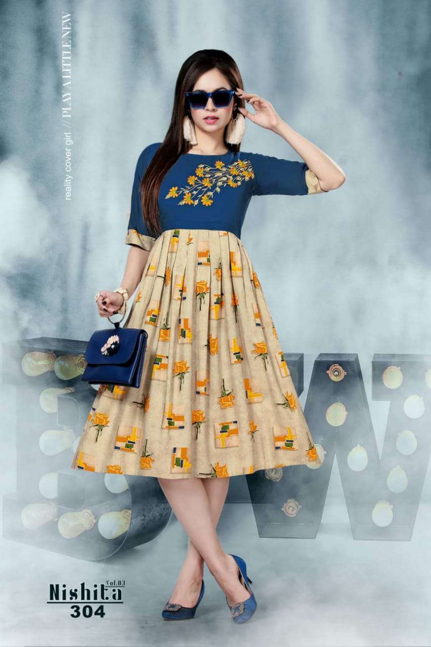 NISHITA VOL-3 BY KS4U 301 TO 306 SERIES BEAUTIFUL COLORFUL STYLISH FANCY CASUAL WEAR & ETHNIC WEAR & READY TO WEAR RAYON PRINTED KURTIS AT WHOLESALE PRICE