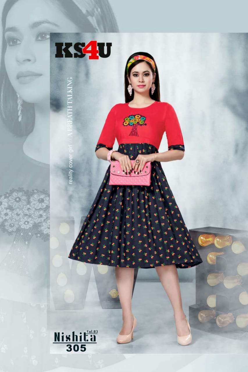 NISHITA VOL-3 BY KS4U 301 TO 306 SERIES BEAUTIFUL COLORFUL STYLISH FANCY CASUAL WEAR & ETHNIC WEAR & READY TO WEAR RAYON PRINTED KURTIS AT WHOLESALE PRICE