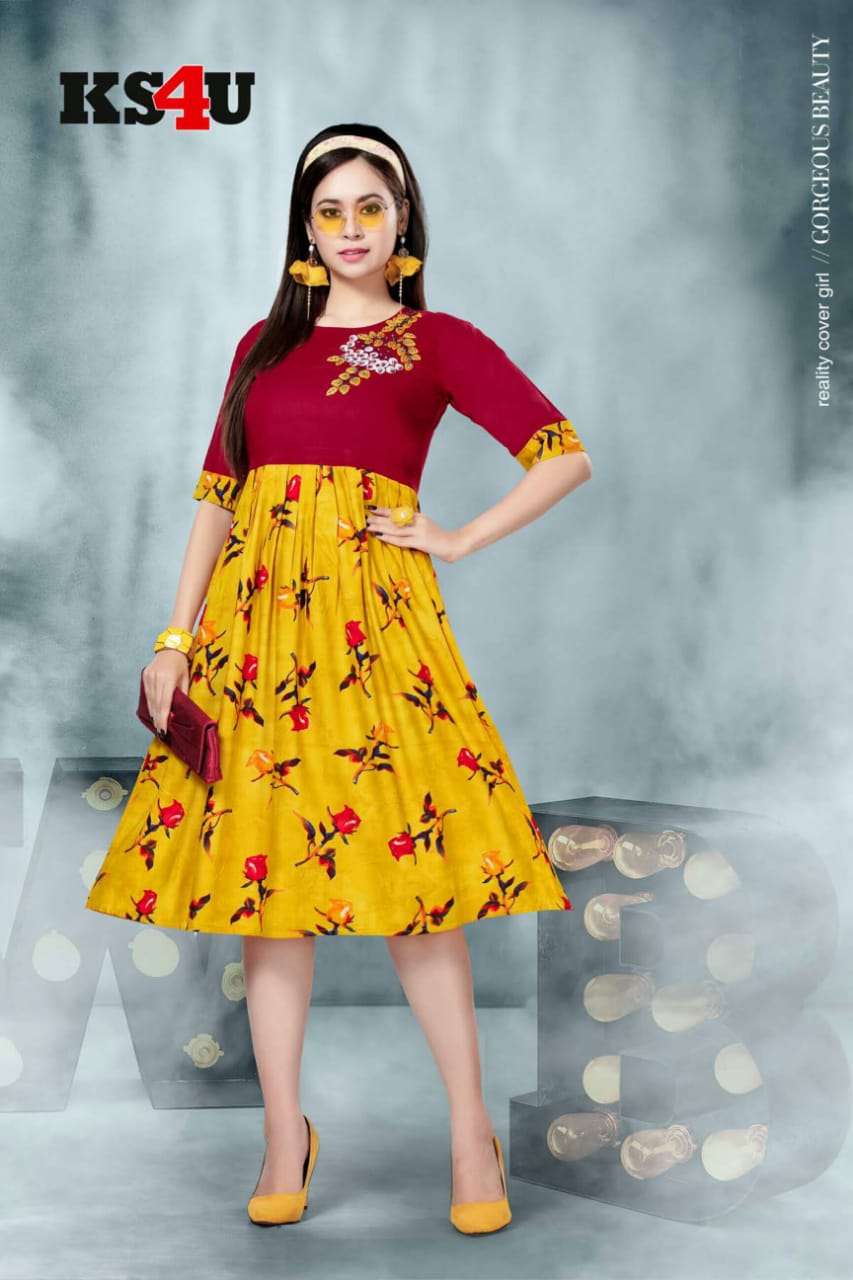 NISHITA VOL-3 BY KS4U 301 TO 306 SERIES BEAUTIFUL COLORFUL STYLISH FANCY CASUAL WEAR & ETHNIC WEAR & READY TO WEAR RAYON PRINTED KURTIS AT WHOLESALE PRICE