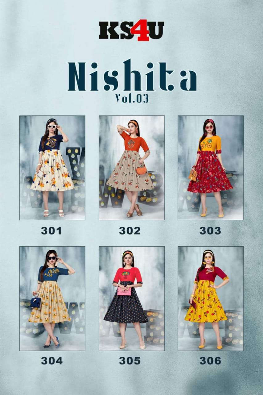 NISHITA VOL-3 BY KS4U 301 TO 306 SERIES BEAUTIFUL COLORFUL STYLISH FANCY CASUAL WEAR & ETHNIC WEAR & READY TO WEAR RAYON PRINTED KURTIS AT WHOLESALE PRICE