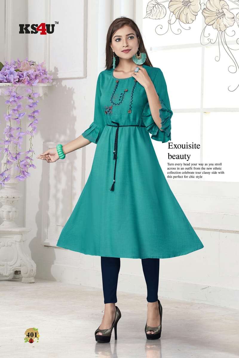 ERA BY KS4U 401 TO 406 SERIES BEAUTIFUL COLORFUL STYLISH FANCY CASUAL WEAR & ETHNIC WEAR & READY TO WEAR RAYON TWO TONE WITH HANDWORK KURTIS AT WHOLESALE PRICE