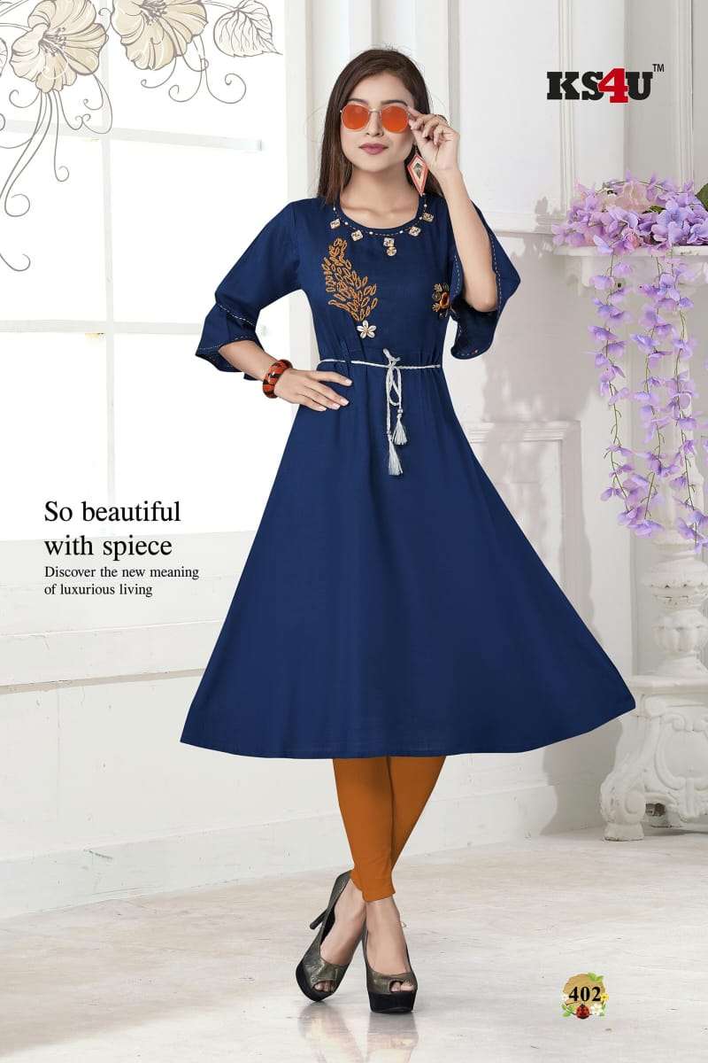 ERA BY KS4U 401 TO 406 SERIES BEAUTIFUL COLORFUL STYLISH FANCY CASUAL WEAR & ETHNIC WEAR & READY TO WEAR RAYON TWO TONE WITH HANDWORK KURTIS AT WHOLESALE PRICE