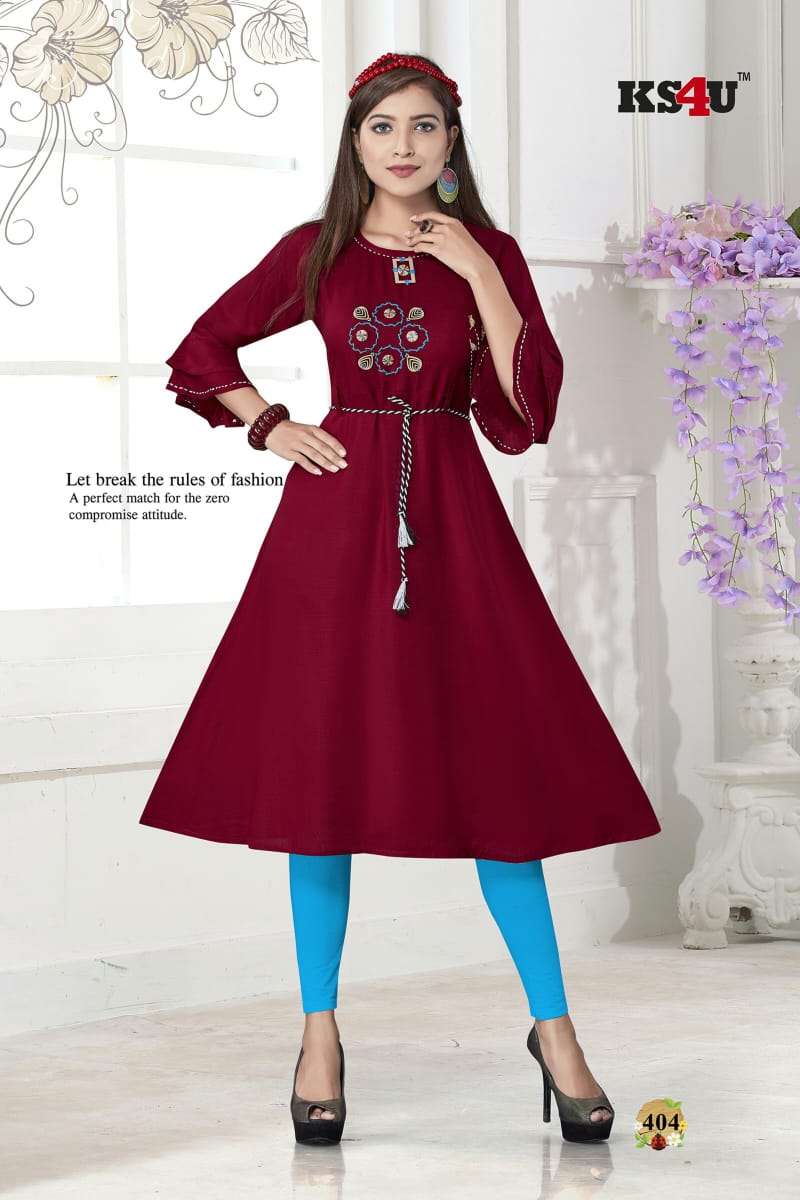 ERA BY KS4U 401 TO 406 SERIES BEAUTIFUL COLORFUL STYLISH FANCY CASUAL WEAR & ETHNIC WEAR & READY TO WEAR RAYON TWO TONE WITH HANDWORK KURTIS AT WHOLESALE PRICE