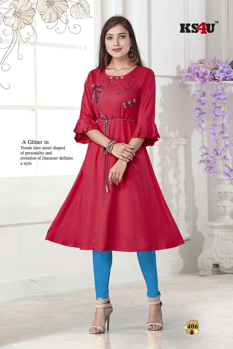 ERA BY KS4U 401 TO 406 SERIES BEAUTIFUL COLORFUL STYLISH FANCY CASUAL WEAR & ETHNIC WEAR & READY TO WEAR RAYON TWO TONE WITH HANDWORK KURTIS AT WHOLESALE PRICE