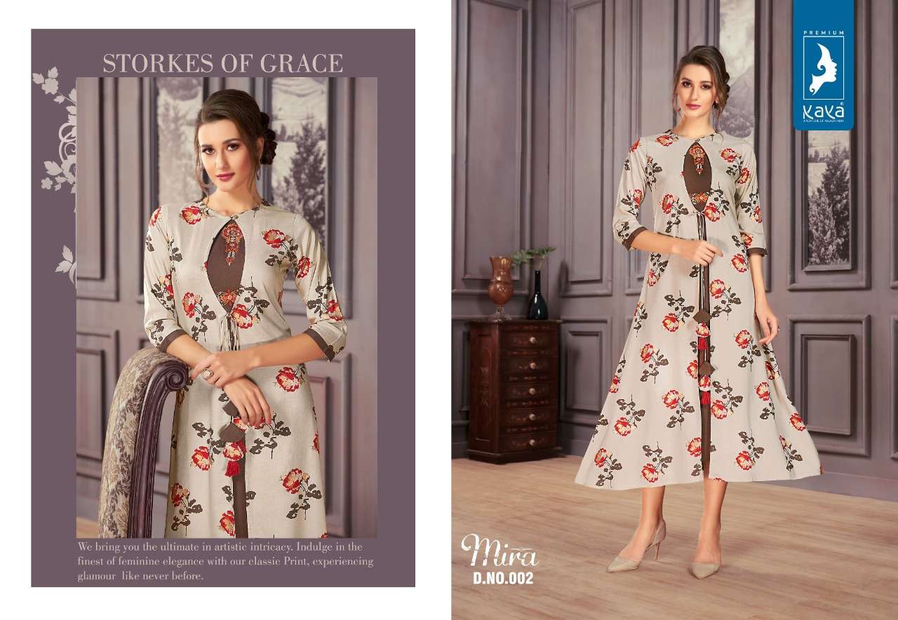 MIRA BY KAYA 001 TO 006 SERIES BEAUTIFUL COLORFUL STYLISH FANCY CASUAL WEAR & ETHNIC WEAR & READY TO WEAR 14 KG RAYON KURTIS AT WHOLESALE PRICE