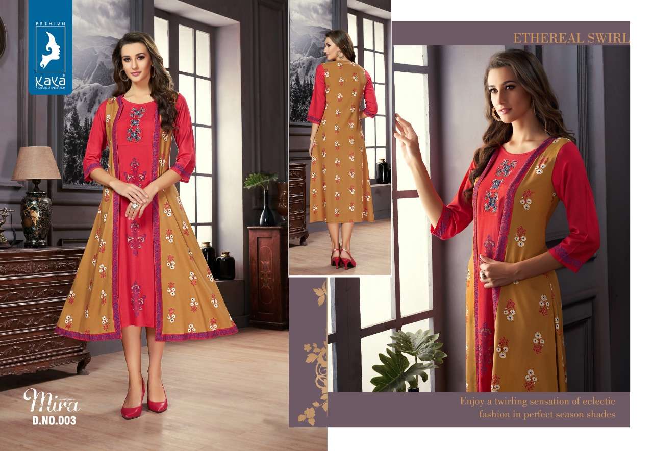 MIRA BY KAYA 001 TO 006 SERIES BEAUTIFUL COLORFUL STYLISH FANCY CASUAL WEAR & ETHNIC WEAR & READY TO WEAR 14 KG RAYON KURTIS AT WHOLESALE PRICE