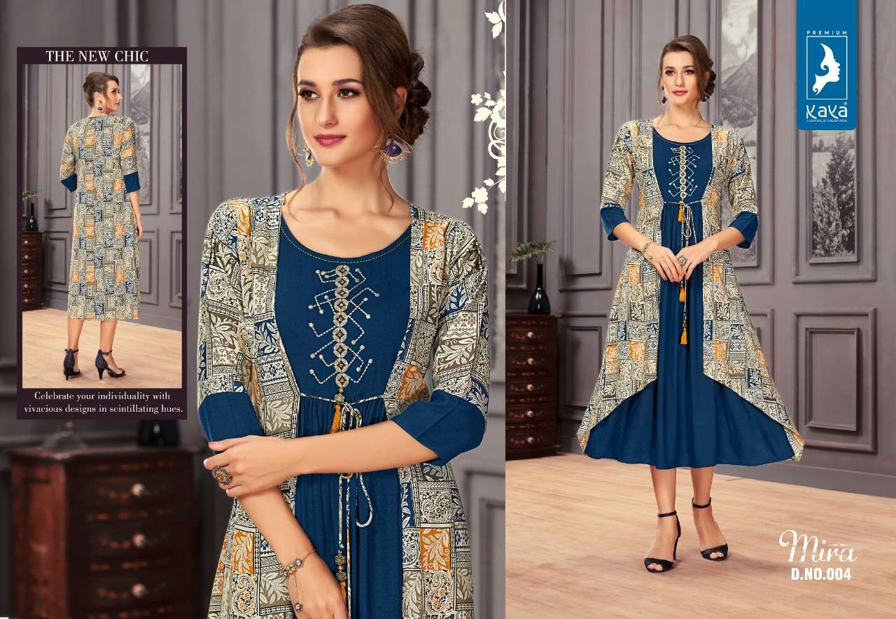 MIRA BY KAYA 001 TO 006 SERIES BEAUTIFUL COLORFUL STYLISH FANCY CASUAL WEAR & ETHNIC WEAR & READY TO WEAR 14 KG RAYON KURTIS AT WHOLESALE PRICE
