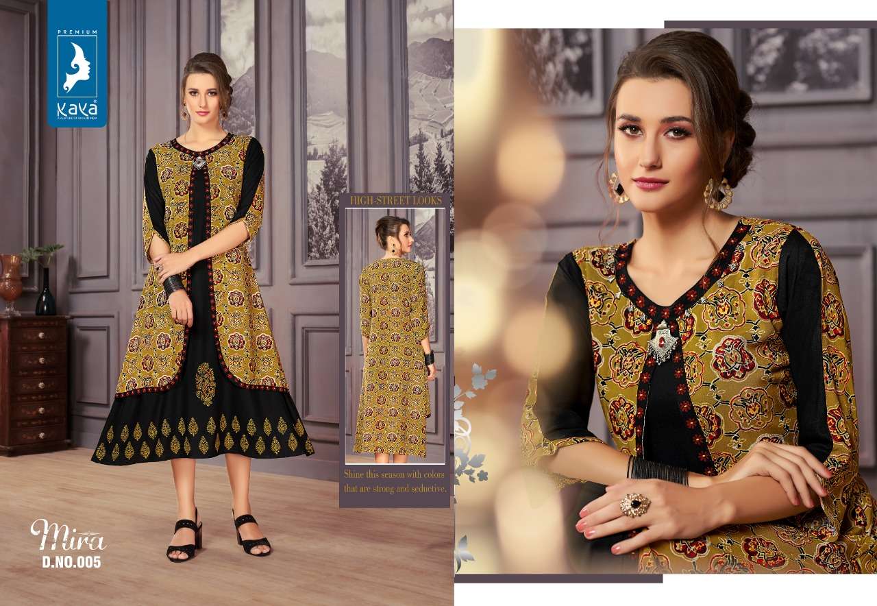 MIRA BY KAYA 001 TO 006 SERIES BEAUTIFUL COLORFUL STYLISH FANCY CASUAL WEAR & ETHNIC WEAR & READY TO WEAR 14 KG RAYON KURTIS AT WHOLESALE PRICE