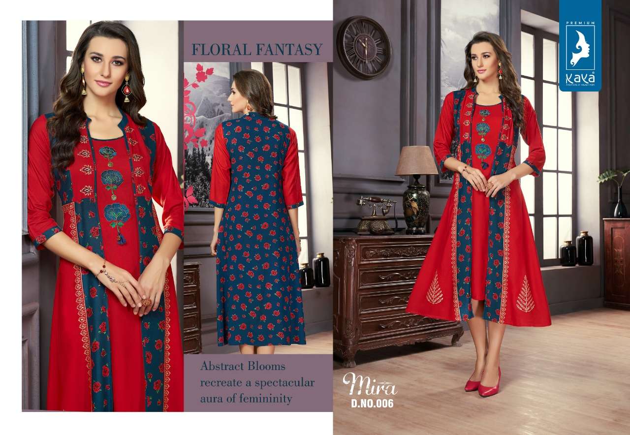 MIRA BY KAYA 001 TO 006 SERIES BEAUTIFUL COLORFUL STYLISH FANCY CASUAL WEAR & ETHNIC WEAR & READY TO WEAR 14 KG RAYON KURTIS AT WHOLESALE PRICE