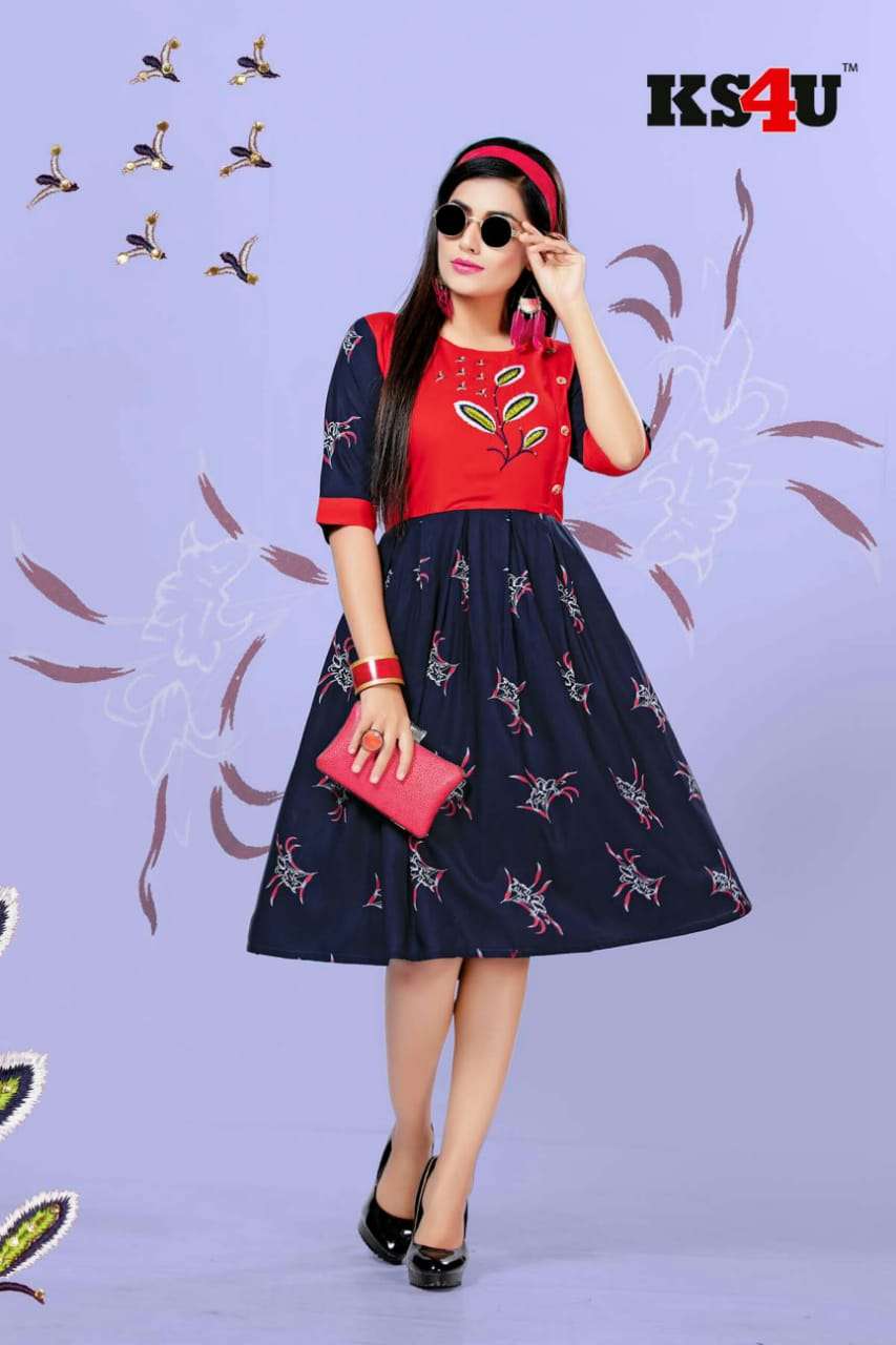 DECENT VOL-3 BY KS4U 301 TO 306 SERIES BEAUTIFUL COLORFUL STYLISH FANCY CASUAL WEAR & ETHNIC WEAR & READY TO WEAR HEAVY RAYON PRINTED KURTIS AT WHOLESALE PRICE