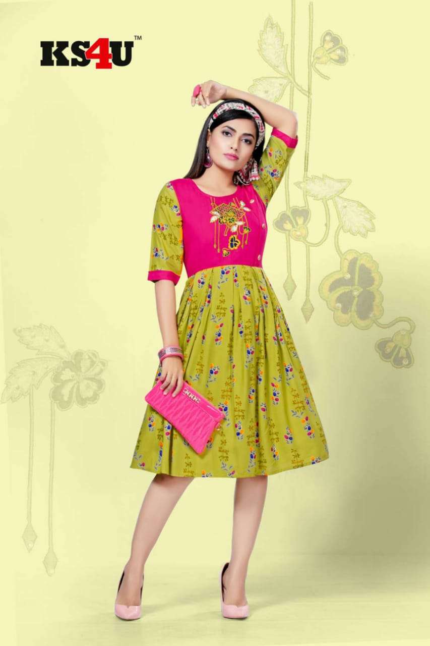 DECENT VOL-3 BY KS4U 301 TO 306 SERIES BEAUTIFUL COLORFUL STYLISH FANCY CASUAL WEAR & ETHNIC WEAR & READY TO WEAR HEAVY RAYON PRINTED KURTIS AT WHOLESALE PRICE