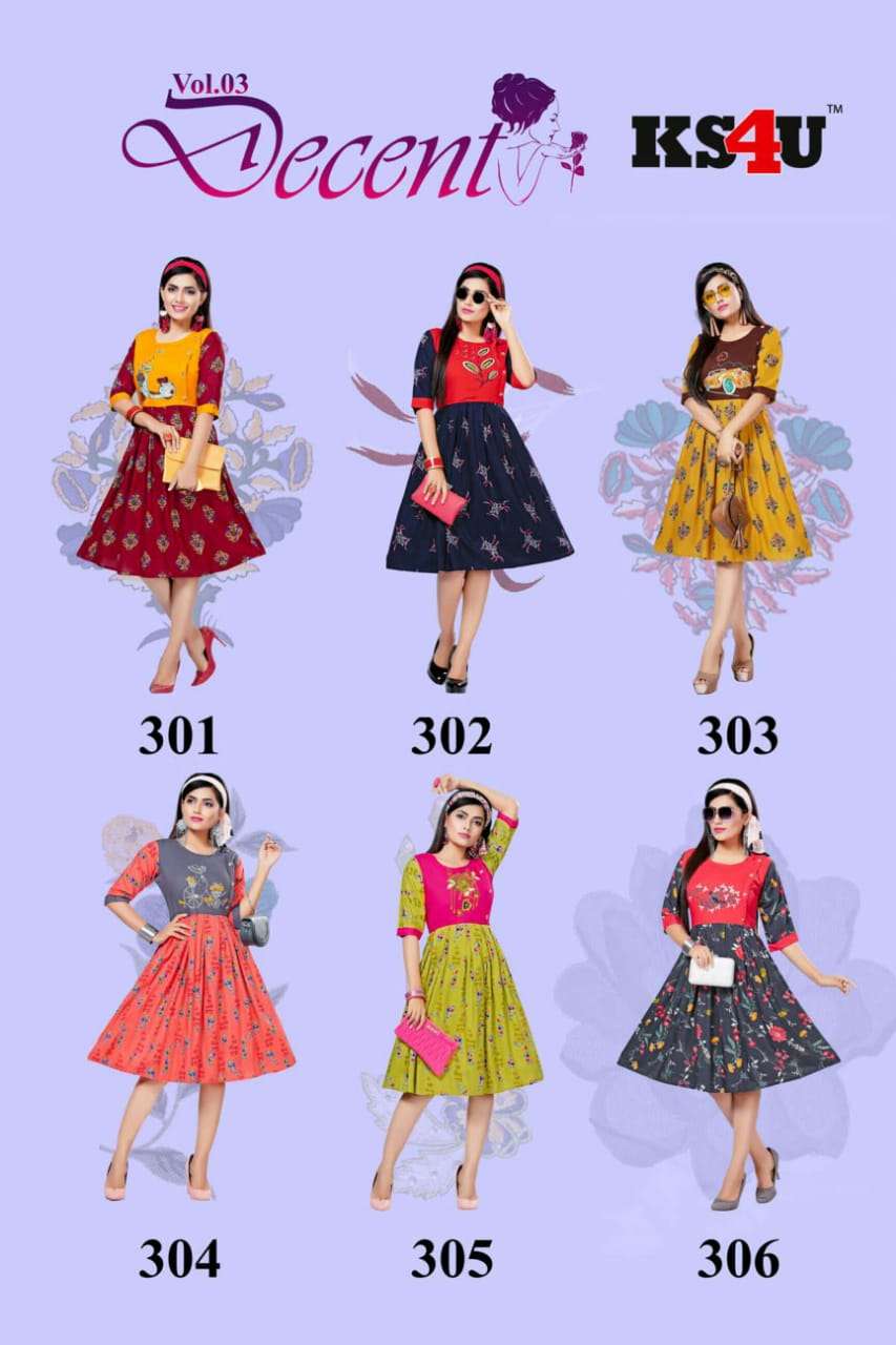 DECENT VOL-3 BY KS4U 301 TO 306 SERIES BEAUTIFUL COLORFUL STYLISH FANCY CASUAL WEAR & ETHNIC WEAR & READY TO WEAR HEAVY RAYON PRINTED KURTIS AT WHOLESALE PRICE