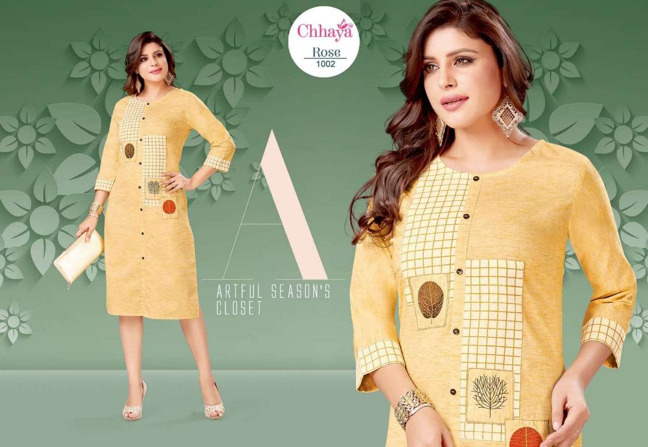 ROSE VOL-2 BY CHHAYA 1001 TO 1009 SERIES BEAUTIFUL STYLISH FANCY COLORFUL CASUAL WEAR & ETHNIC WEAR PREMIUM SLUB KURTIS WITH BOTTOM AT WHOLESALE PRICE