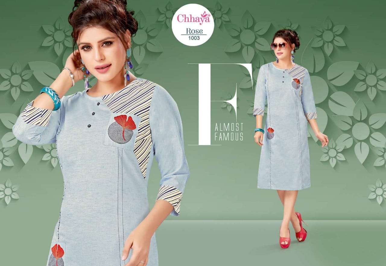 ROSE VOL-2 BY CHHAYA 1001 TO 1009 SERIES BEAUTIFUL STYLISH FANCY COLORFUL CASUAL WEAR & ETHNIC WEAR PREMIUM SLUB KURTIS WITH BOTTOM AT WHOLESALE PRICE