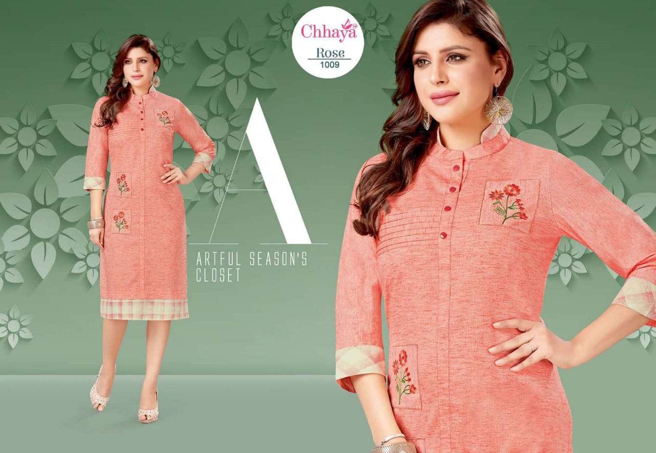 ROSE VOL-2 BY CHHAYA 1001 TO 1009 SERIES BEAUTIFUL STYLISH FANCY COLORFUL CASUAL WEAR & ETHNIC WEAR PREMIUM SLUB KURTIS WITH BOTTOM AT WHOLESALE PRICE