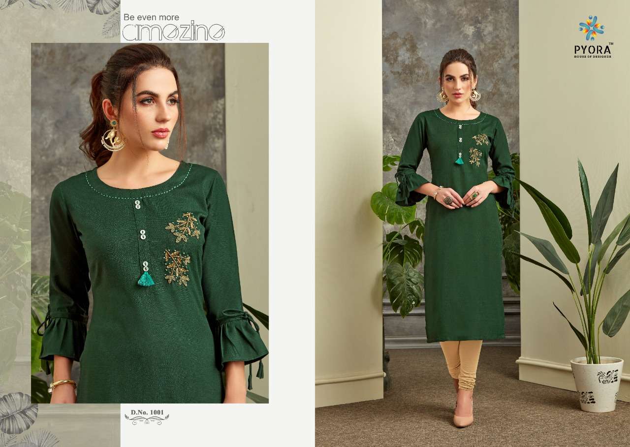 REVATI BY PYORA 1001 TO 1006 SERIES STYLISH FANCY BEAUTIFUL COLORFUL CASUAL WEAR & ETHNIC WEAR RAYON SLUB WITH HANDWORK KURTIS AT WHOLESALE PRICE