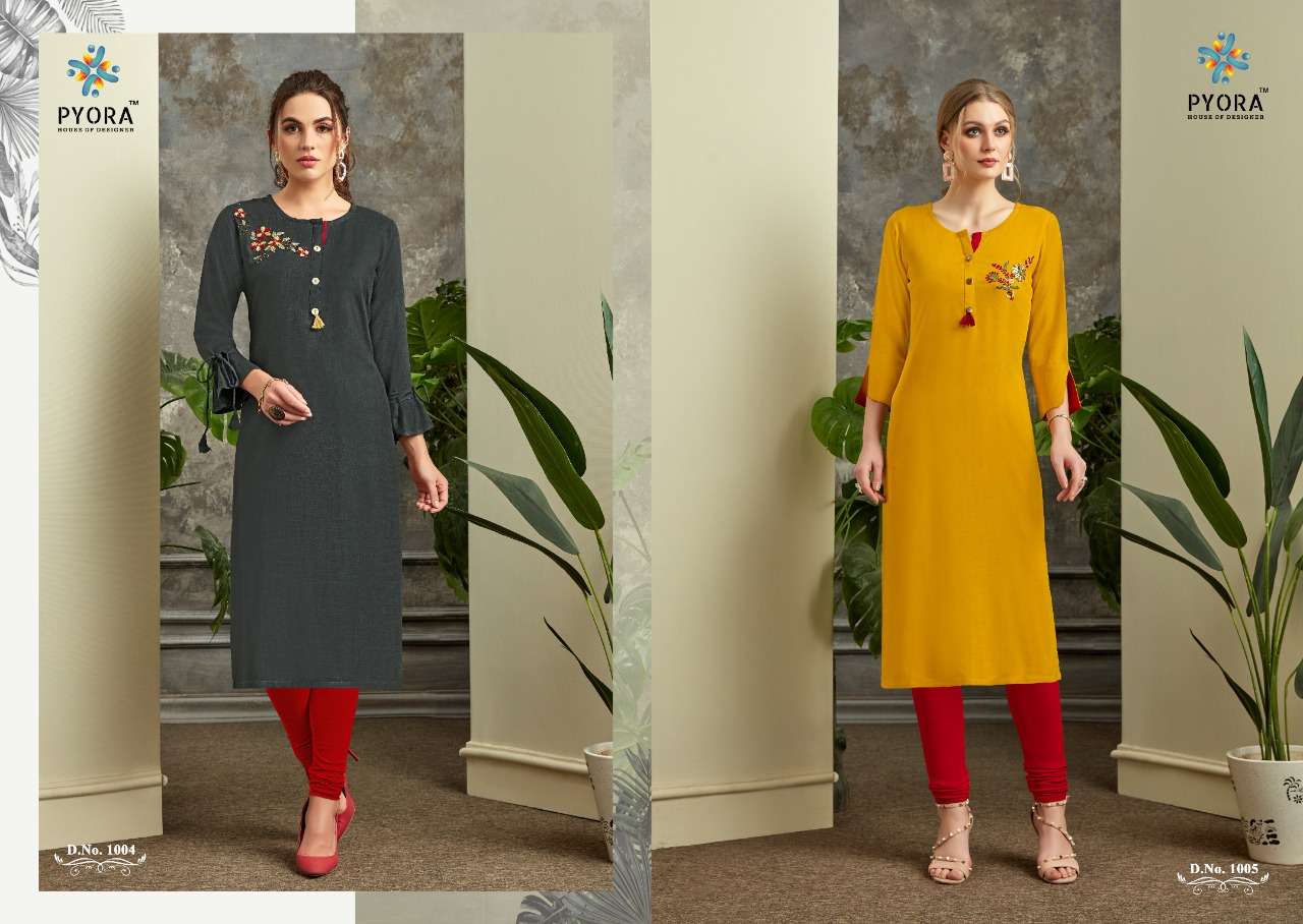 REVATI BY PYORA 1001 TO 1006 SERIES STYLISH FANCY BEAUTIFUL COLORFUL CASUAL WEAR & ETHNIC WEAR RAYON SLUB WITH HANDWORK KURTIS AT WHOLESALE PRICE