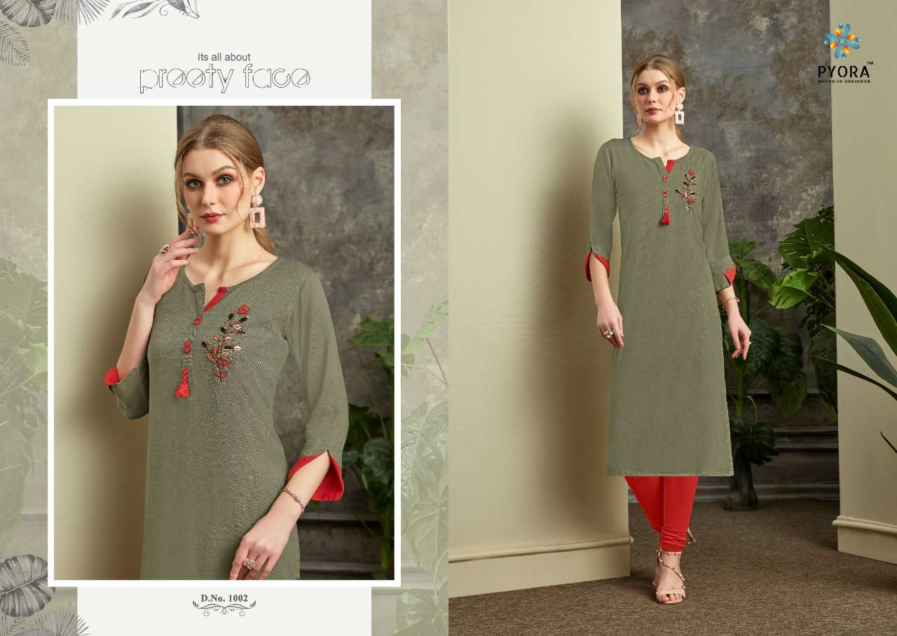 REVATI BY PYORA 1001 TO 1006 SERIES STYLISH FANCY BEAUTIFUL COLORFUL CASUAL WEAR & ETHNIC WEAR RAYON SLUB WITH HANDWORK KURTIS AT WHOLESALE PRICE