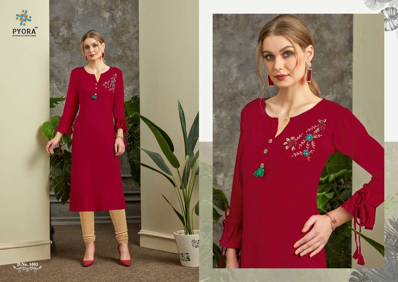 REVATI BY PYORA 1001 TO 1006 SERIES STYLISH FANCY BEAUTIFUL COLORFUL CASUAL WEAR & ETHNIC WEAR RAYON SLUB WITH HANDWORK KURTIS AT WHOLESALE PRICE