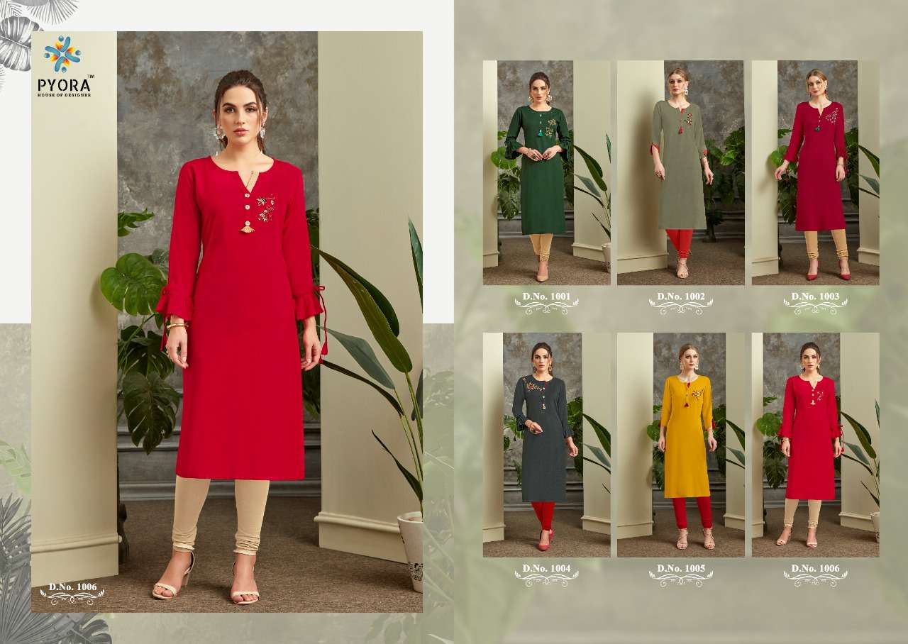 REVATI BY PYORA 1001 TO 1006 SERIES STYLISH FANCY BEAUTIFUL COLORFUL CASUAL WEAR & ETHNIC WEAR RAYON SLUB WITH HANDWORK KURTIS AT WHOLESALE PRICE