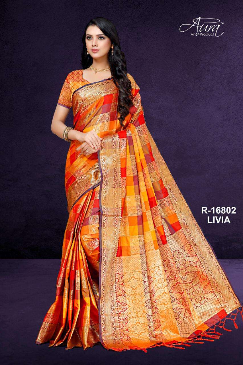 LIVIA BY AURA 16801 TO 16806 SERIES DESIGNER TRADITIONAL WEAR COLLECTION BEAUTIFUL FANCY COLORFUL PARTY WEAR & OCCASIONAL WEAR PURE COTTON SILK SAREES AT WHOLESALE PRICE