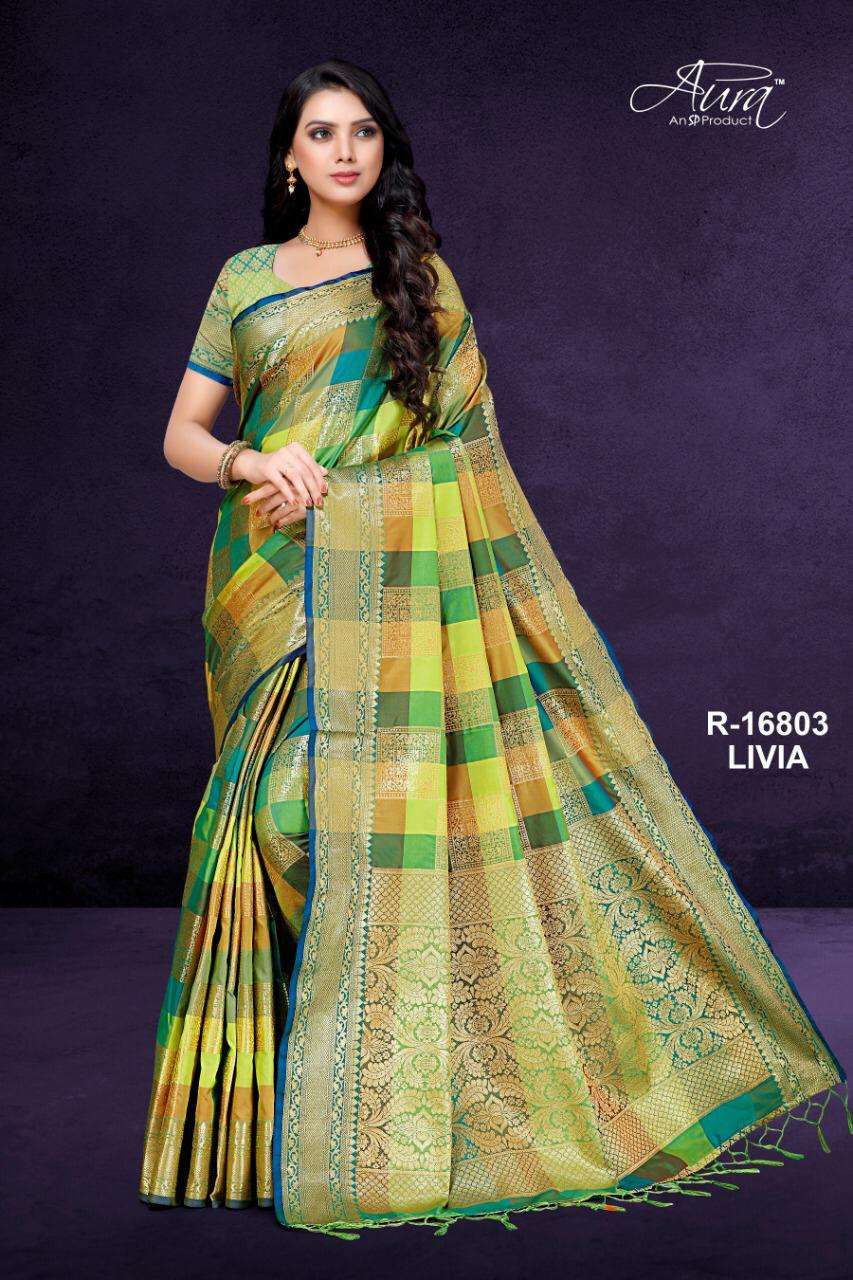 LIVIA BY AURA 16801 TO 16806 SERIES DESIGNER TRADITIONAL WEAR COLLECTION BEAUTIFUL FANCY COLORFUL PARTY WEAR & OCCASIONAL WEAR PURE COTTON SILK SAREES AT WHOLESALE PRICE
