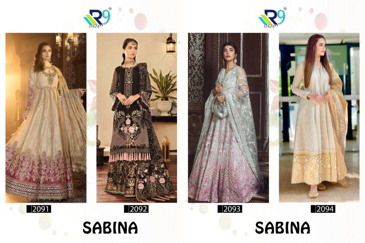 SABINA BY R9 2091 TO 2094 SERIES INDIAN TRADITIONAL WEAR COLLECTION BEAUTIFUL STYLISH FANCY COLORFUL PARTY WEAR & OCCASIONAL WEAR FAUX GEORGETTE WITH EMBROIDERY SAREES AT WHOLESALE PRICE