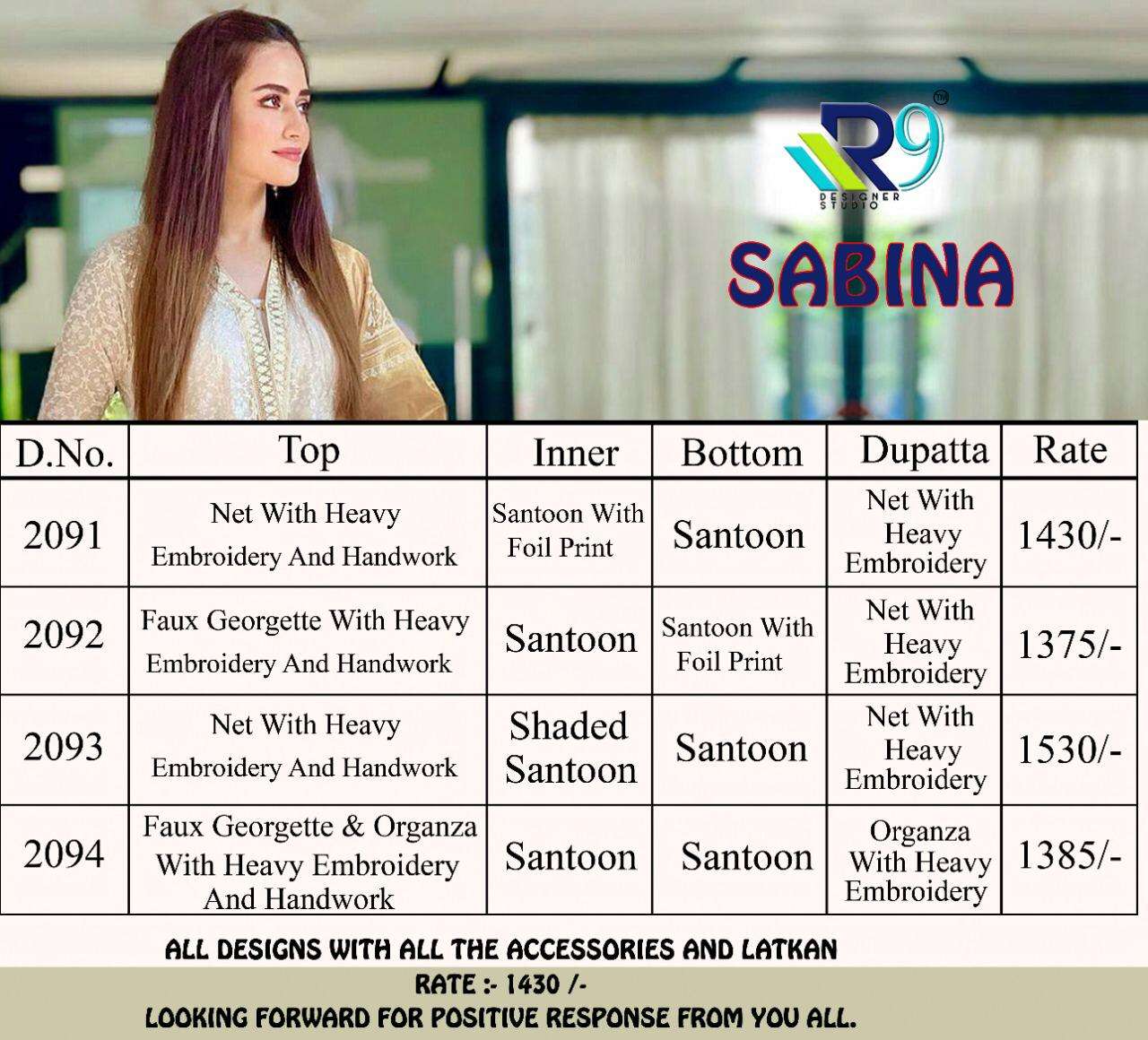 SABINA BY R9 2091 TO 2094 SERIES INDIAN TRADITIONAL WEAR COLLECTION BEAUTIFUL STYLISH FANCY COLORFUL PARTY WEAR & OCCASIONAL WEAR FAUX GEORGETTE WITH EMBROIDERY SAREES AT WHOLESALE PRICE