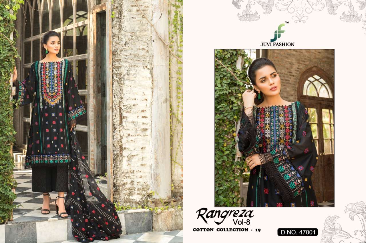 RANGREZA VOL-8 BY JUVI FASHION 47001 TO 47006 SERIES DESIGNER PAKISTANI SUITS COLLECTION BEAUTIFUL STYLISH FANCY COLORFUL PARTY WEAR & OCCASIONAL WEAR CAMBRIC COTTON WITH EMBROIDERY DRESSES AT WHOLESALE PRICE