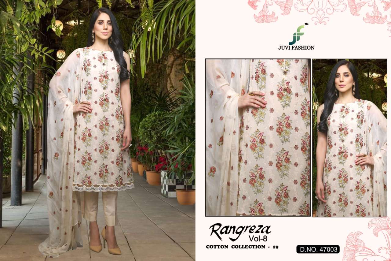 RANGREZA VOL-8 BY JUVI FASHION 47001 TO 47006 SERIES DESIGNER PAKISTANI SUITS COLLECTION BEAUTIFUL STYLISH FANCY COLORFUL PARTY WEAR & OCCASIONAL WEAR CAMBRIC COTTON WITH EMBROIDERY DRESSES AT WHOLESALE PRICE